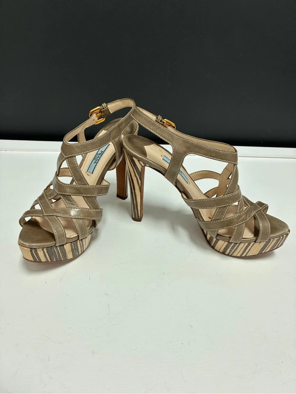 Prada Taupe Strappy Platform Heels